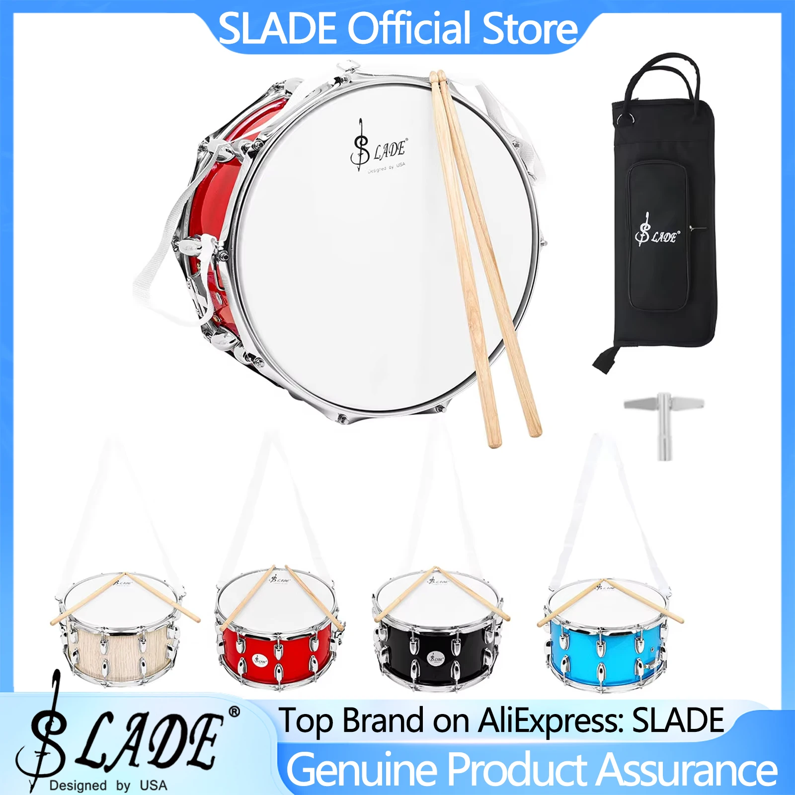 

Барабанная установка SLADE 14 × 8 дюймов для начинающих студентов с чехлом, подставкой для палочек, ключом для барабана и аксессуарами для ударных инструментов