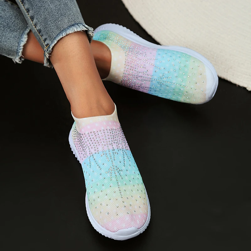 Mix Color Knitting Crystal Sneakers for Women Casual Slip On Mesh Walking Shoes Woman Soft Sole Rhinestone Dance Sock Sneakers