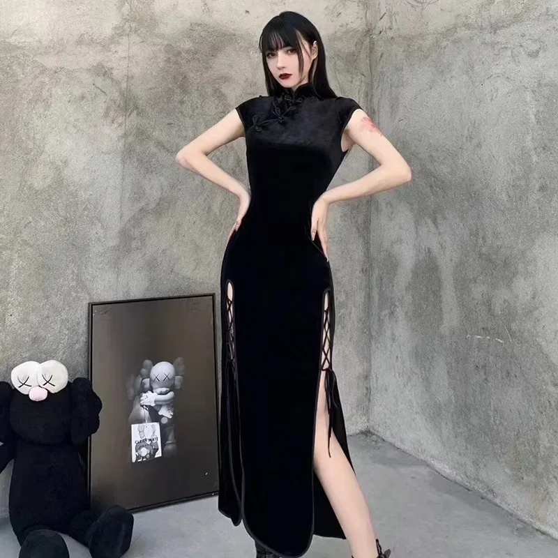 Vintage Black Bandage Chinese Style Cheongsam High Split Velvet Dress Spring 2023Retro Long Qipao Gothic Women Aesthetic Dress