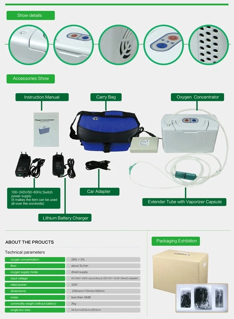 Портативный кислородный концентратор с 3 аккумуляторами, автомобильный кислородный аппарат, кислородный генератор, съемный кислородный бар, 24 часа непрерывного использования