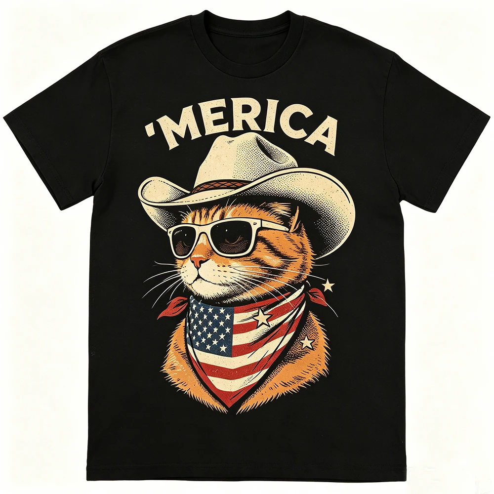 The USA 'Merica Cat 4th of July Men Women Kids Funny Patriotic Pure Cotton T-Shirt
