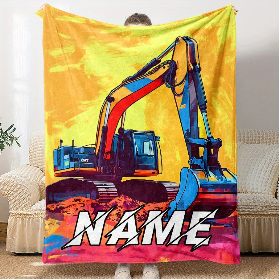 1pc Personalized Custom Name Excavator Flannel Blanket Soft Lightweight Durable for Home Travel Sofas, Beds, Camping, Offices