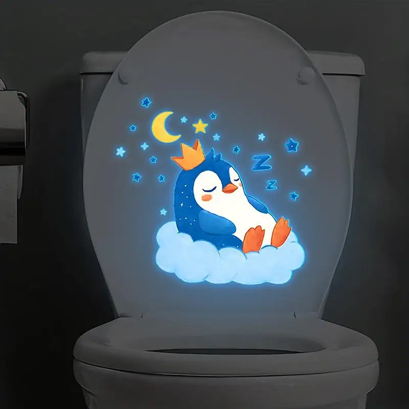 Glow in the Dark Penguin Toilet Stickers Removable PVC Self Adhesive Waterproof Kids Bathroom Wall Decal Funny Night Decor