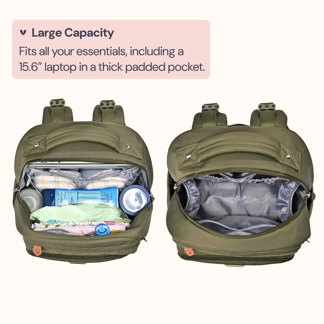 Grand sac à dos imperméable pour couches avec matelas à langer, clips pour poussette et sangle à bagages - Vert armée