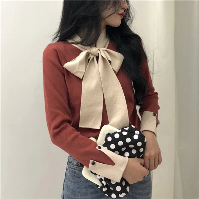 Korobov Korean Lacing Bow Sweet Women Pullovers Hit Color Basic Long Sleeve Female Sweaters Elegant Patchwork Sueter Mujer 79063