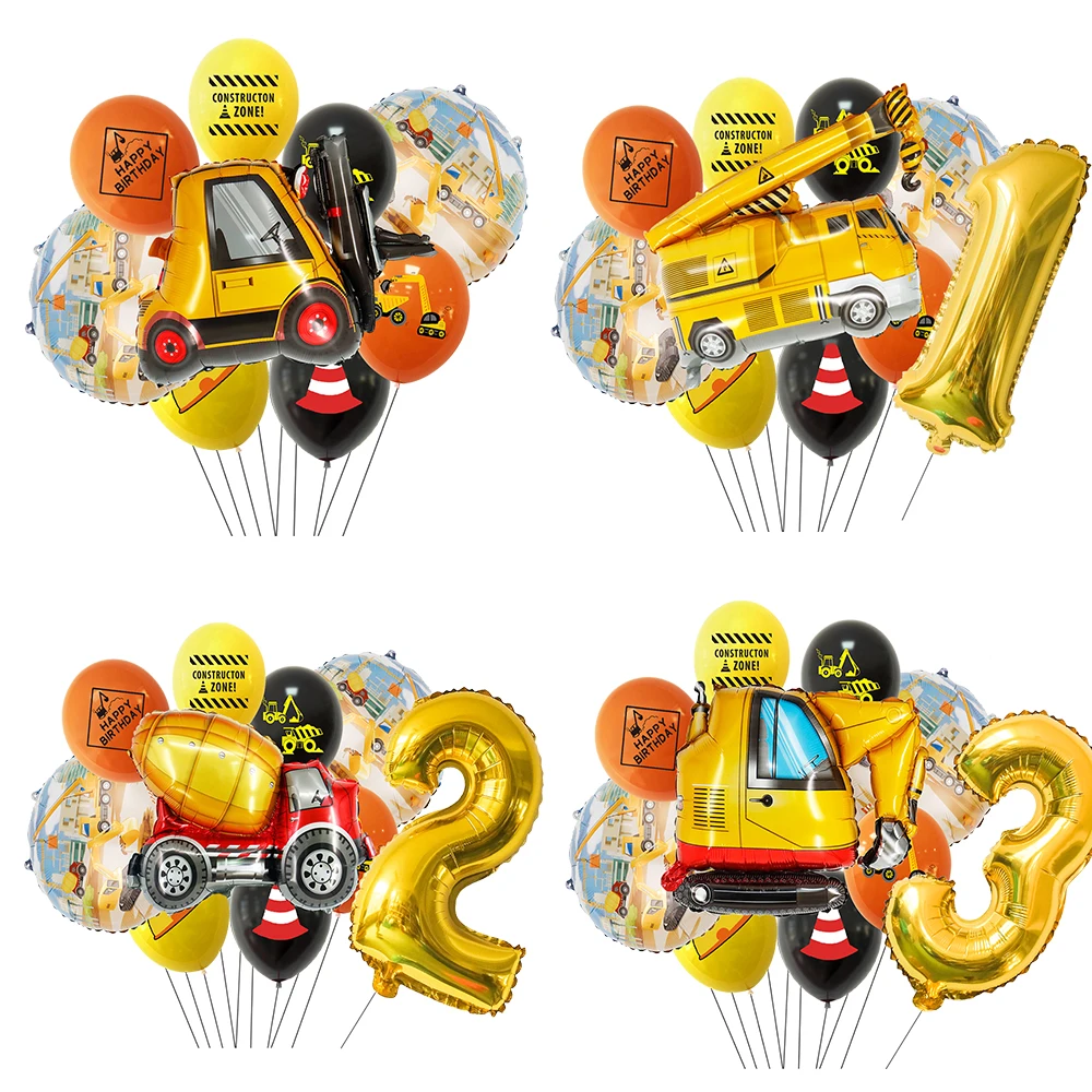 10pcs Carton Vehicle Balloon set Excavator Forklift Crane Balloons for Boy's Construction Birthday Party Decor DIY Gifts Supply