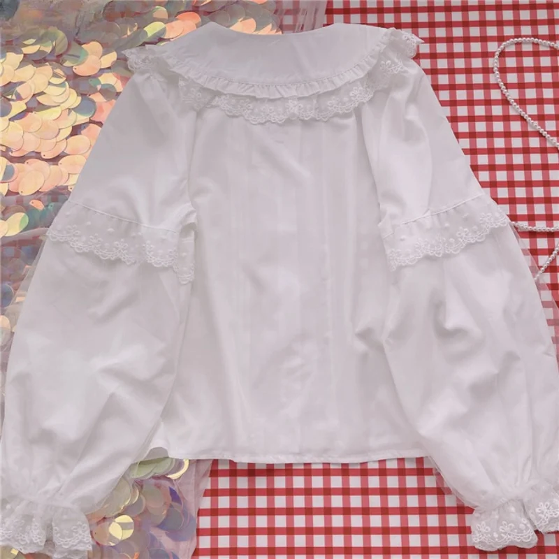 Lolita Shirt White Elegant Women Preppy Style Blouses Cute Peter Pan Collar Lace Ruffle JK Shirts Sweet Girls Long Sleeve Top