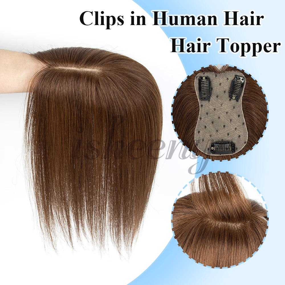 Isheeny 7x11cm Brown Human Hair Topper 8-14 Inches Natural Seamless Scalp Hair Pieces No Bangs Middle Part for Women