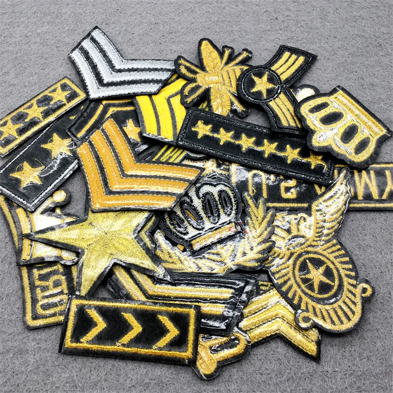 25pcs/lot Crown Army Embroidery Patches on Clothes Stickers DIY Iron-on Sewing Patches for Clothing Applique Golden Silver