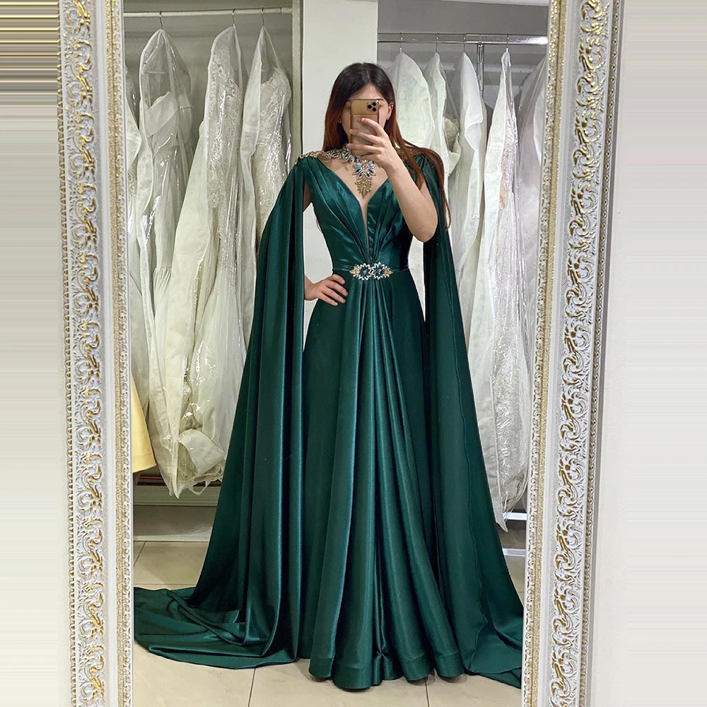 

Msikoods Green Beading Evening Dresses Arabic With Cape Pleats Crystal Belt Satin Prom Gowns Party Dubai Celebrity Dresses