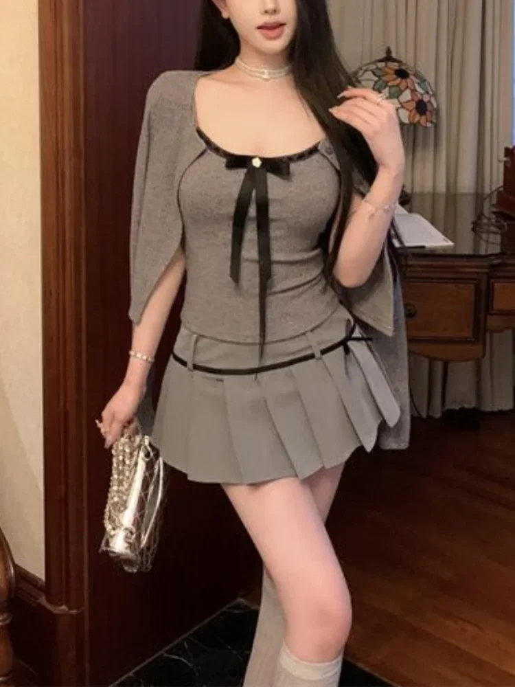 

Grey Knitted Suit Woman Y2k Crop Tops Sweater Korean Fashion Slim Mini Skirt Party Elegant 3 Piece Set Skirt 2025 Autumn Chic
