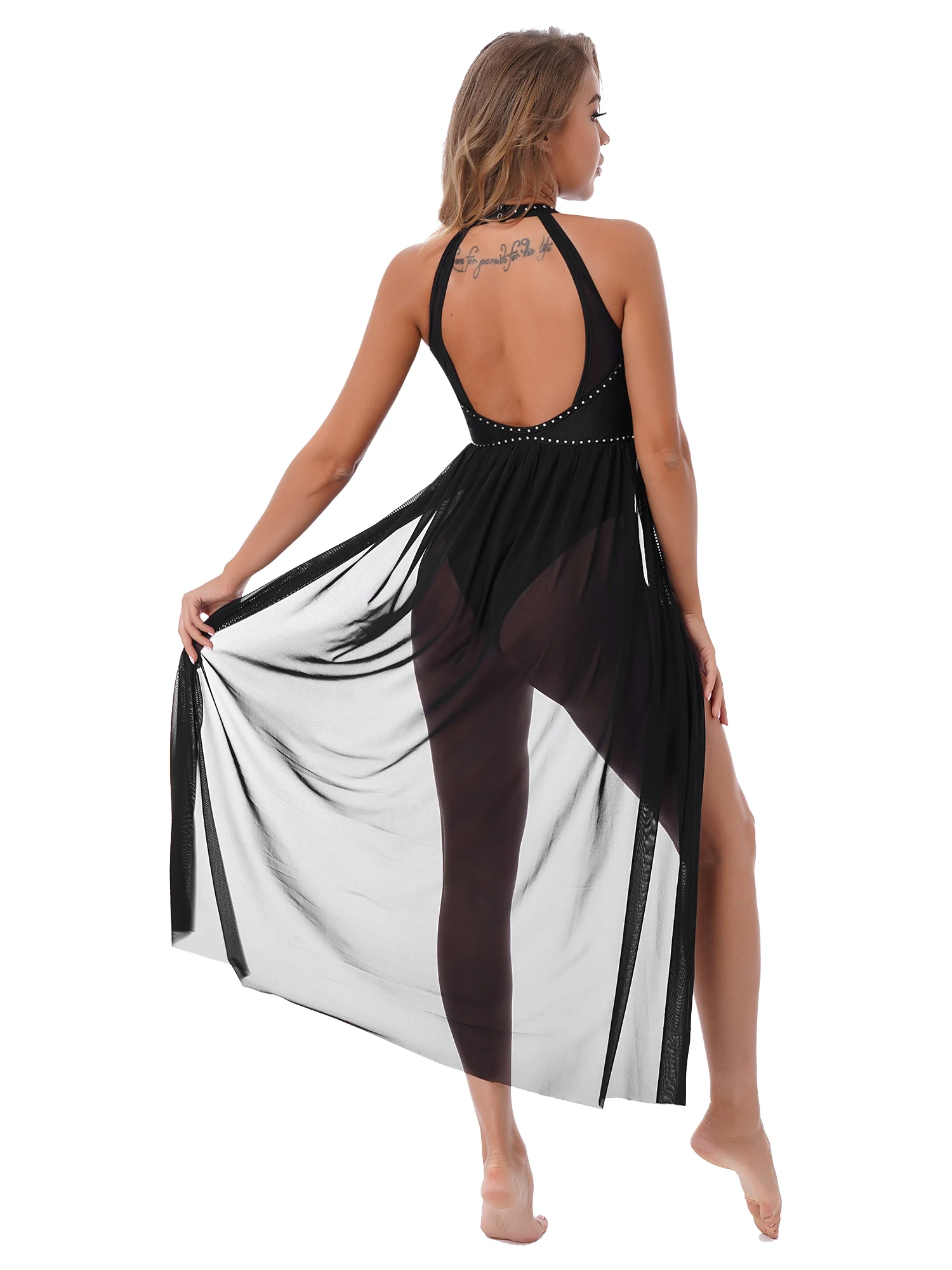 Women Adults Halter Sleeveless Lyrical Dance Dress Sheer Mesh Patchwork Latin Contemporary Leotard Dresses Dancing Performance