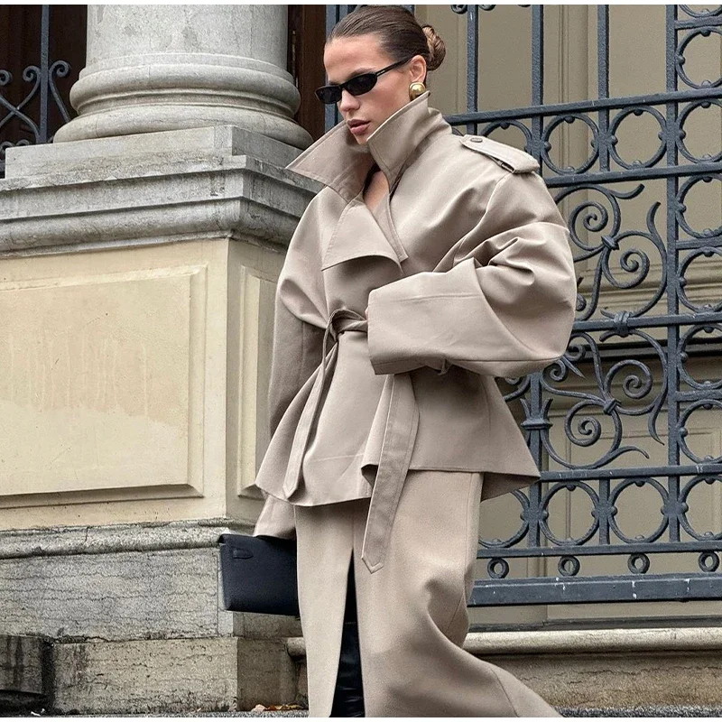 Chaquetas holgadas informales para mujer, cinturón de manga larga con solapa, cortavientos corto con doble botonadura, ropa de calle elegante a la moda para primavera y otoño