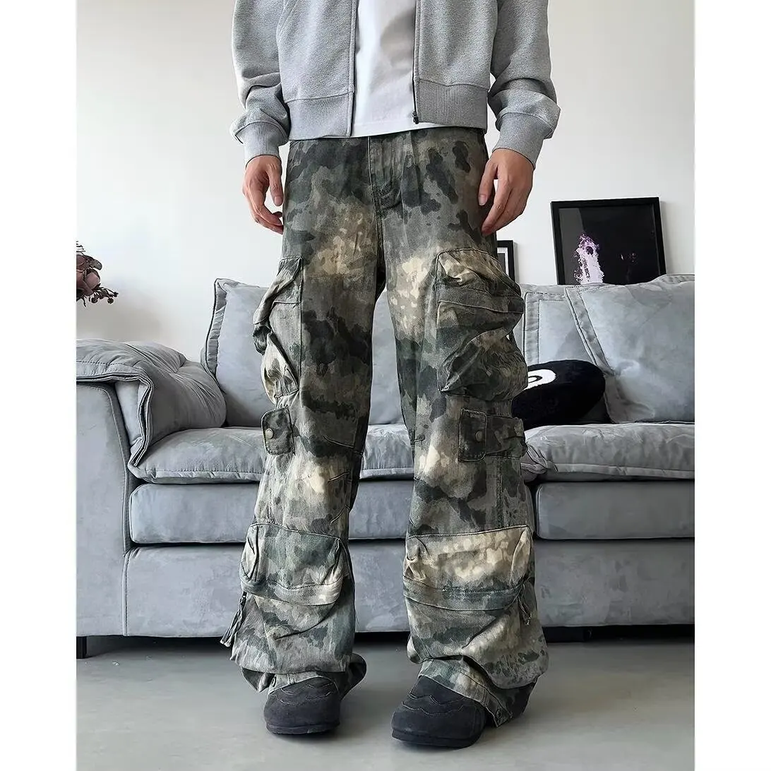 

Y2K Camouflage Pants American Retro Pocket Dyed Loose Straight Leg Unisex Couple Jeans