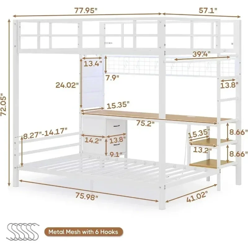 Bunk Bed with Desk, LED Lights, Charging Station, Storage Shelves, Drawers, Safety Guard, Ladder, Metal Frame, Full Over Twin view 6