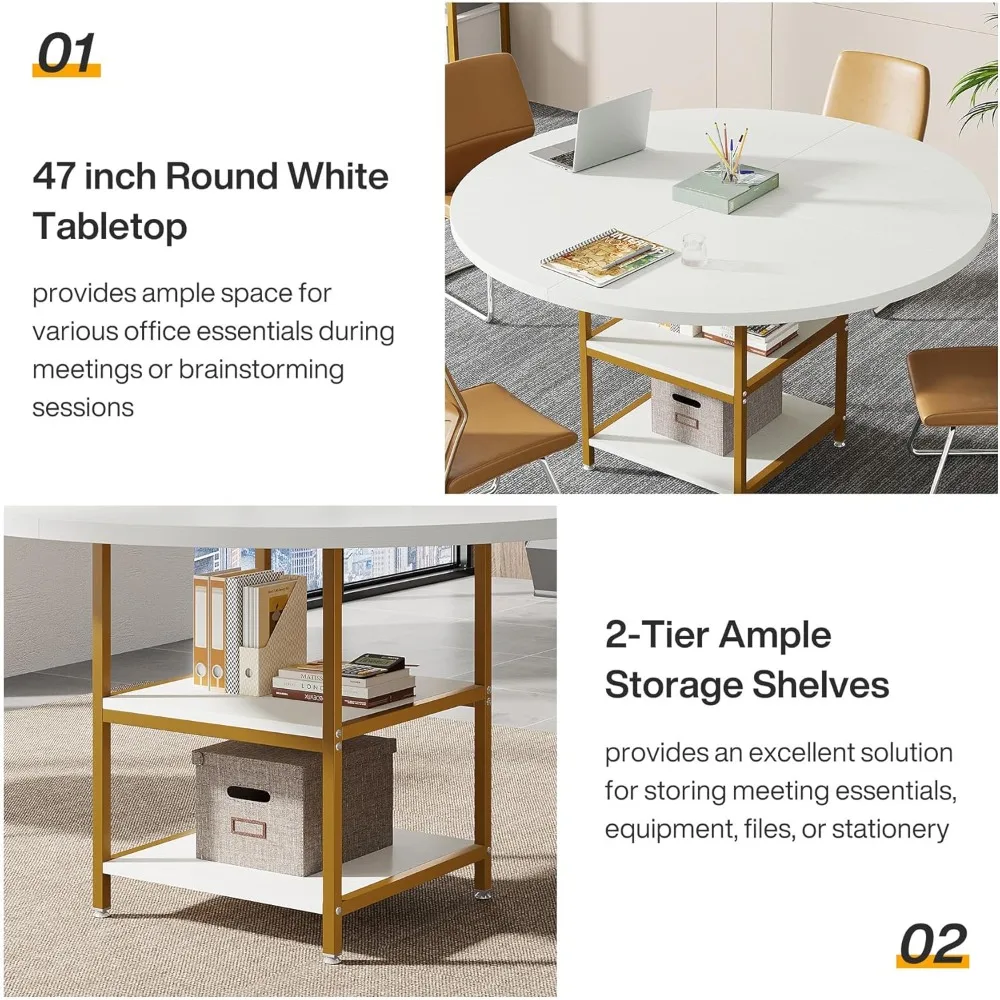 طاولة مؤتمرات مستديرة مقاس 47 بوصة تتسع لـ 4-6 أشخاص، طاولة غرفة اجتماعات خشبية مع رف تخزين وأرجل معدنية، مكتب حديث #5