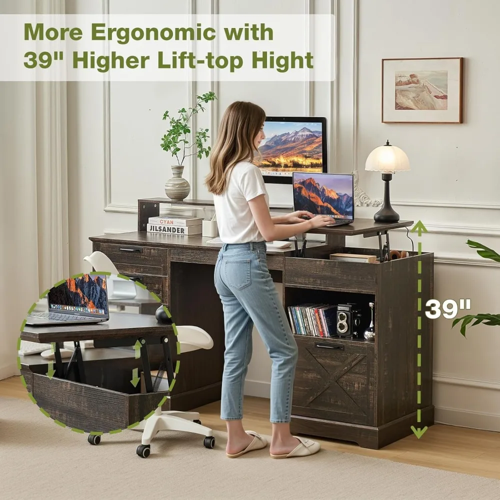 مكتب رفع على طراز المزرعة مع أدراج تخزين، ومحطة شحن، وأضواء مستشعر، وميزات ألعاب الكمبيوتر للمكتب المنزلي