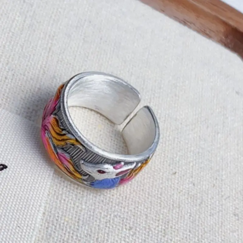 New Pure Silver925Chinese Style Silver Jewelry Ring Enamel Color Fox Wide Pure Gift