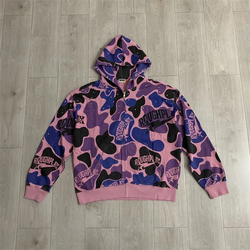 Color Printed Rough Oversized Zipper Hoodie Men Women Pure Cotton Autumn and Winter Jacket