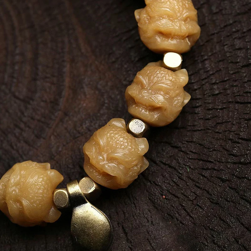 White Jade Root Fengjiu Bracelet with Weathered Bodhi Seeds and Nine-Tailed Buddha Beads