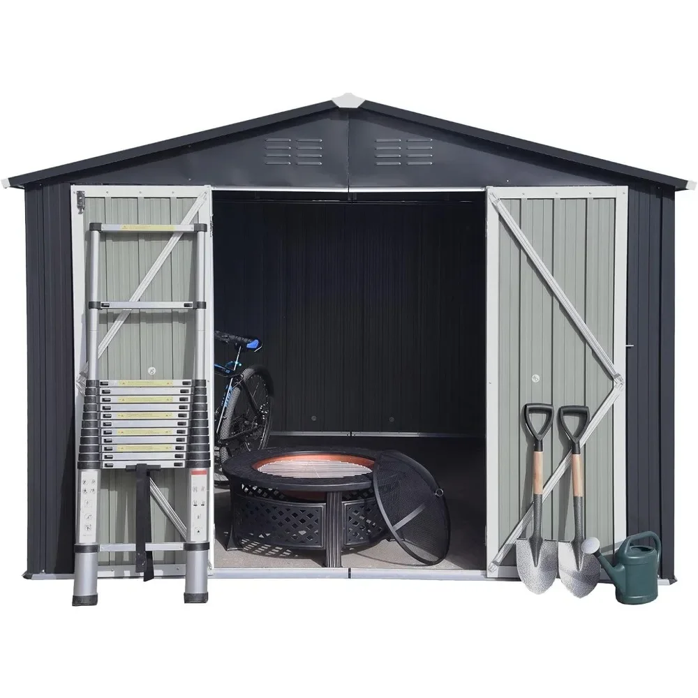 10X8 FT Outdoor Storage Shed with Floor Frame, Large Garden Shed for Lawn Mower, Garbage Can, Bike, Motorcycle