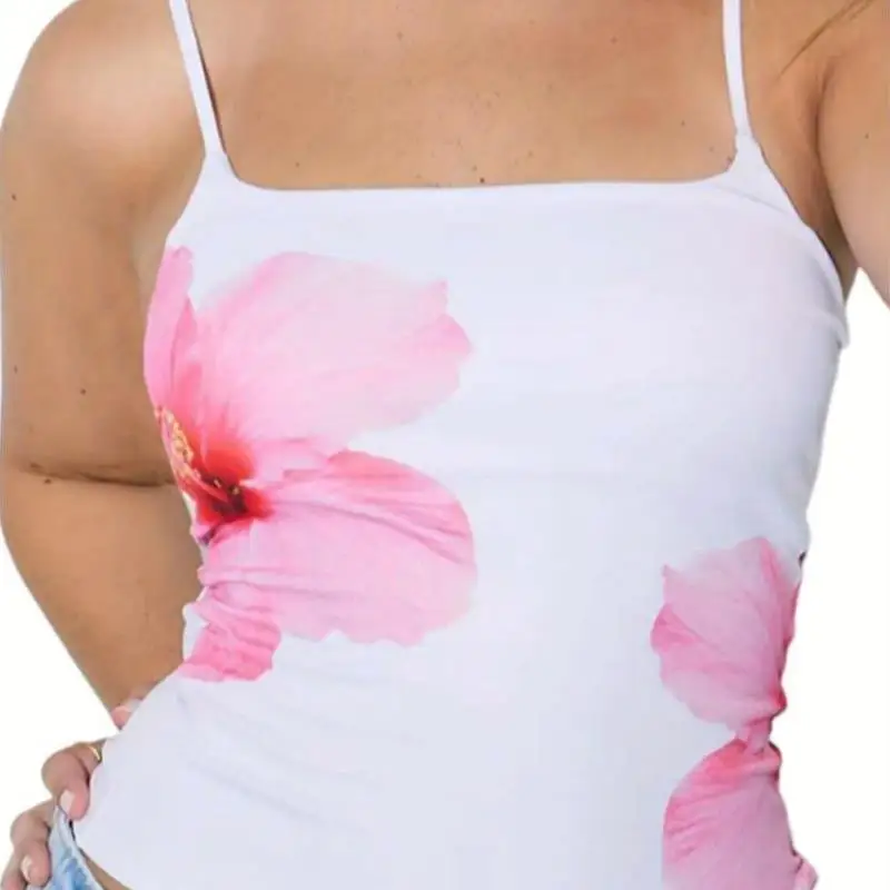 Off-Shoulder-Svel-Damenoberteil mit Blumendruck, rund, schmale Passform, Weste, Länge, A-Linien-Design, Innenbekleidung