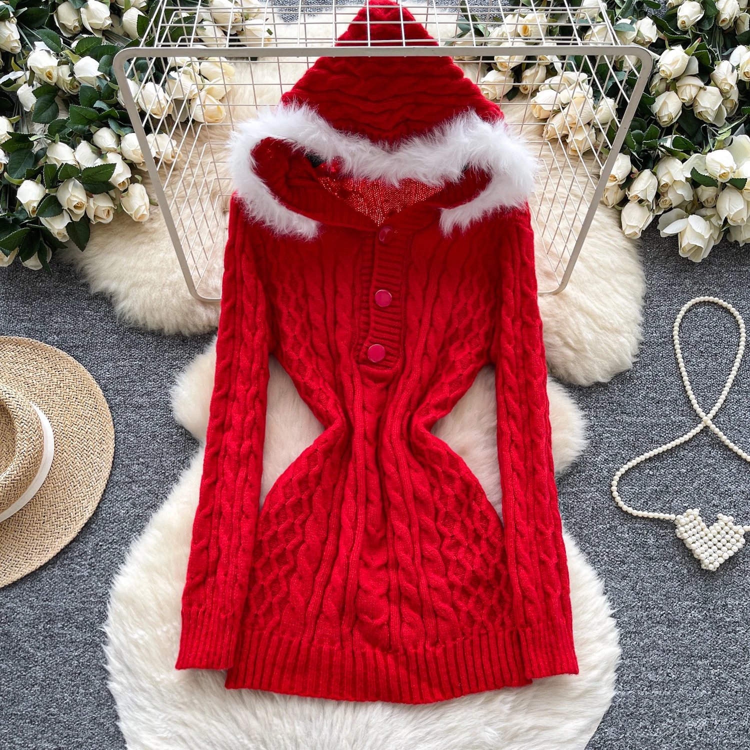 

Female Xmas Festival Holiday Winter Knit Dress Hooded Fur Buttons Twist Pattern Dresses Sweet Sexy Date Night Club Hot Dresses