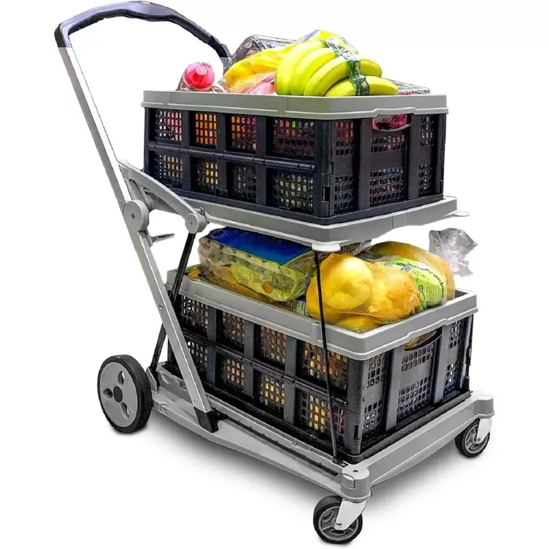 Shopping Cart Folding Utility Trolley with Included 2 Collapsible Storage Crates Folds Flat & Fits in Trunk of Car Great