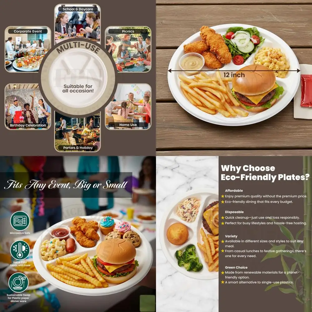 

Biodegradable 12x12 Inch Sugarcane Plates, 250 Pack, Disposable for Catering and Everyday Use