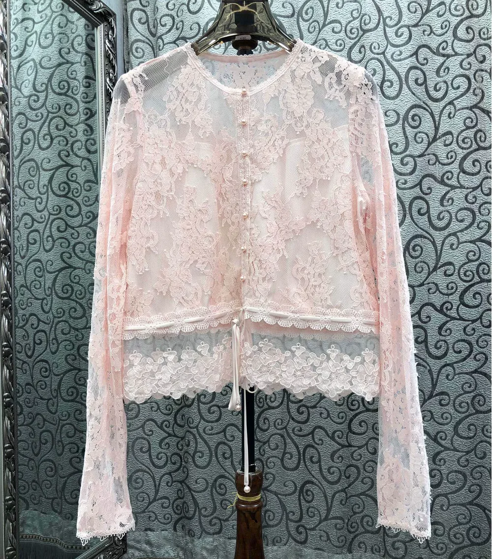 High Quality New Lace Blouses 2026 Autumn Style Women Allover Flower Patterns Long Sleeve White Pink Black Sexy Lace Tops Shirt