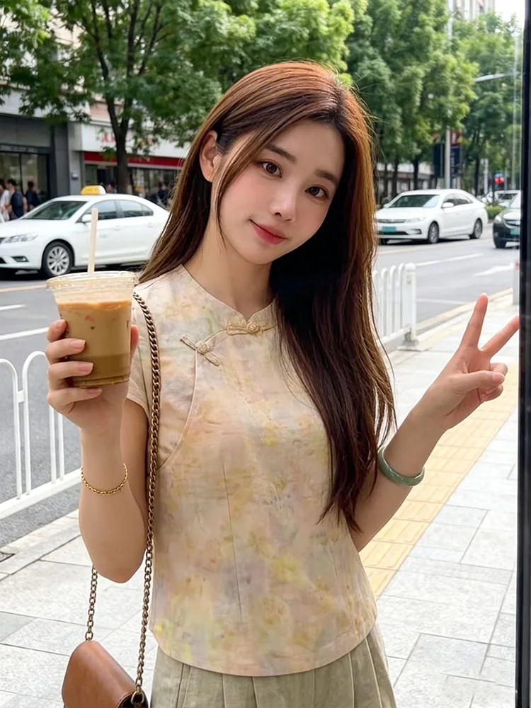 

New Chinese Style Fashionable Short Sleeve Shirt Women's Stand Collar Button Design Summer 2026 Design Sensation Tang Costume...