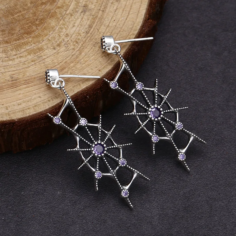 NEW S925 Sterling Silver Earrings Retro Rock Set With Zircon Spider Web Earrings Women's Style