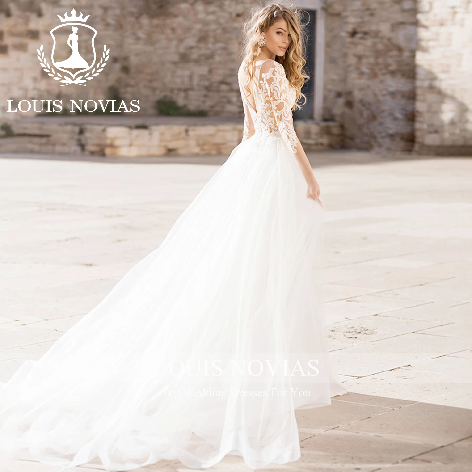 LOUIS NOVIAS Mermaid Long Sleeve Satin Wedding Dress 2023 V-neck Embroidery Detachable Train 2 IN1 Wedding Gown Vestido De Novia