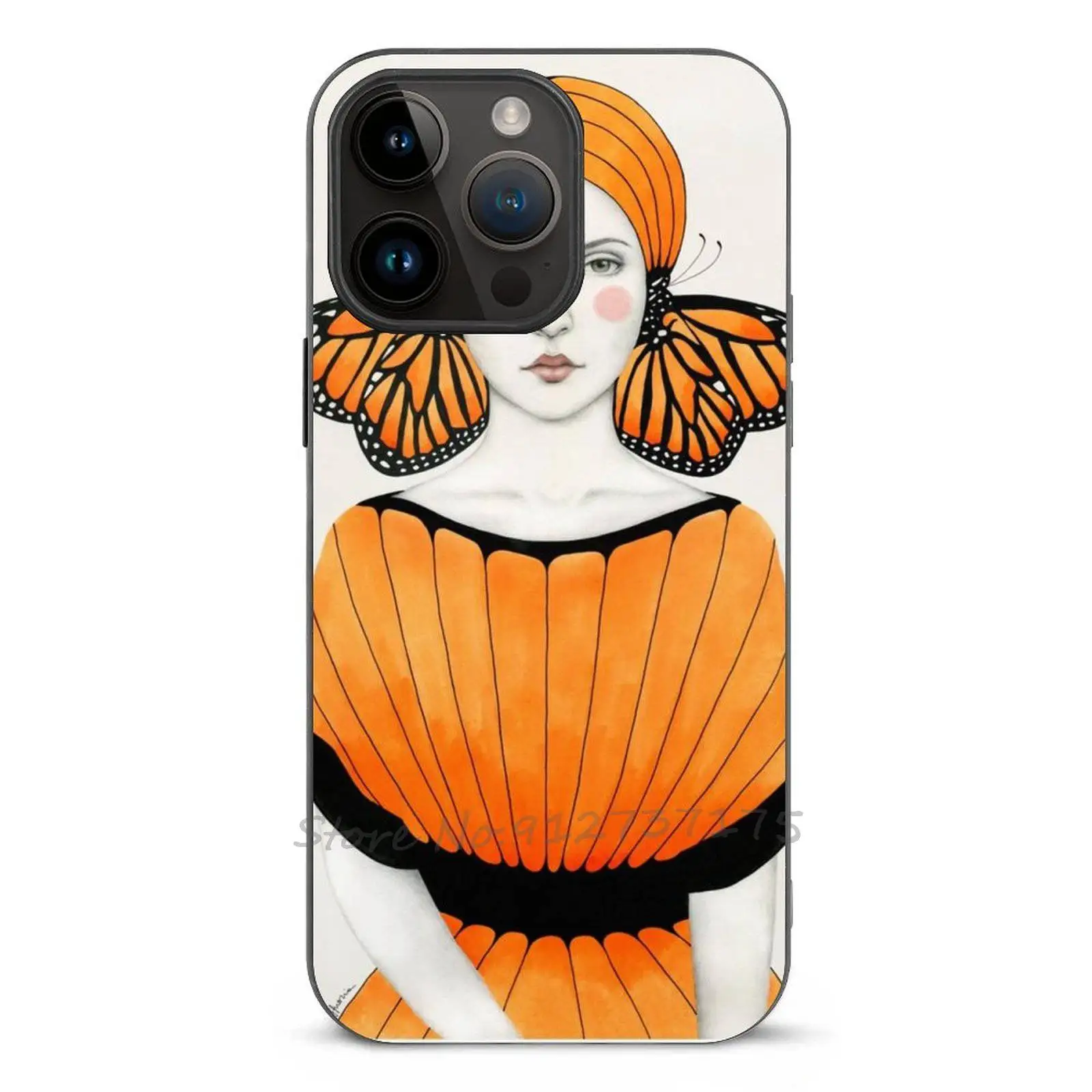 Anais Phone Case For Iphone 16 15 14 Pro Max 13 12 Mini 11 Xr 7 8 Plus Tempered Glass Case Cover Woman Orange Monarch Portrait