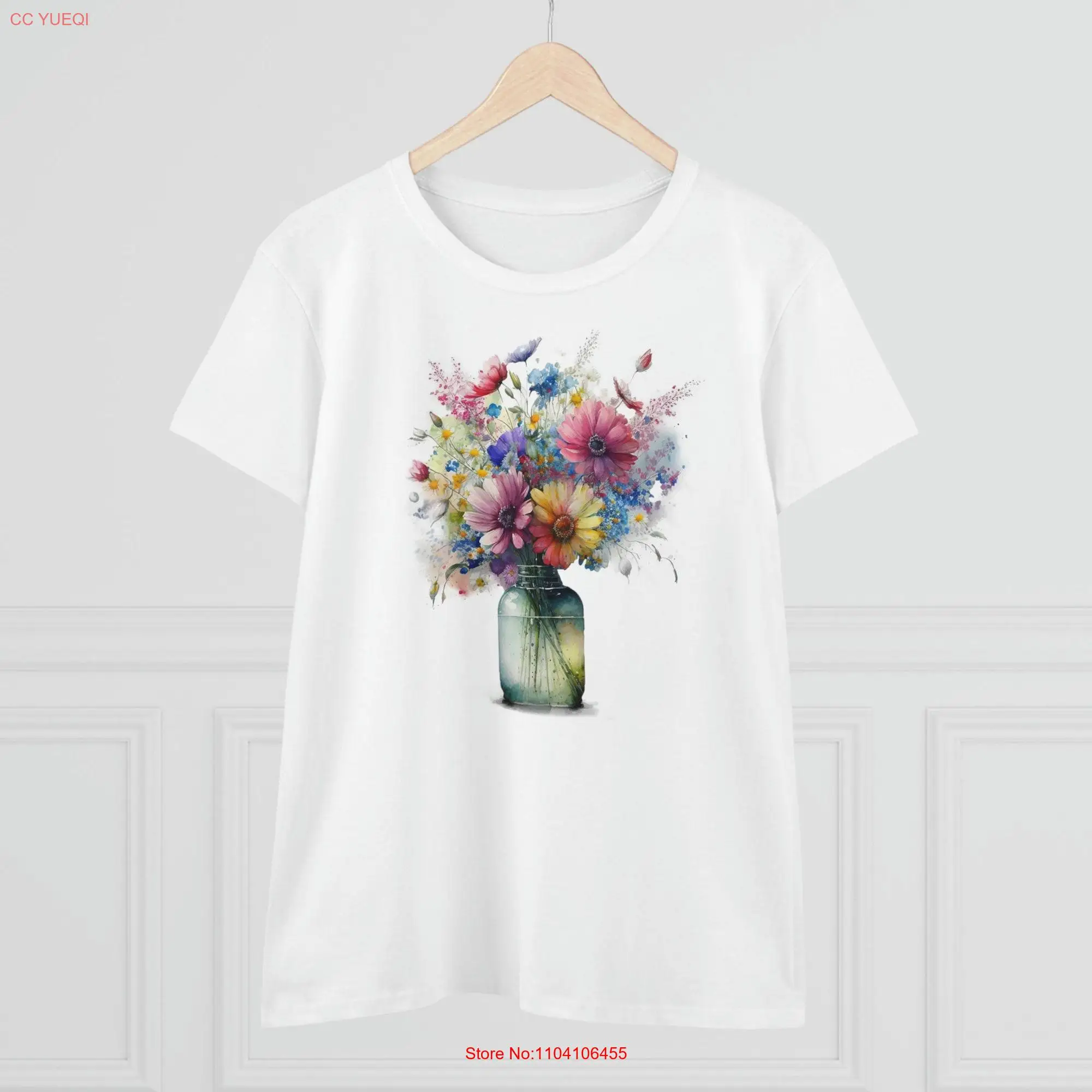 Spring Flowers T Shirt Women's Cotton Boho Watercolor Idea Vintage Flower Vase Floral long or short sleeves