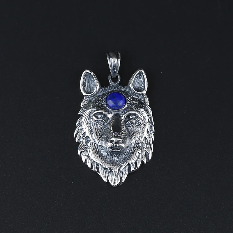 

1pcs Fashion natural stone Lapis Lazuli Carved Silver Wolf Head Pendant for jewelry making 41x27x12mm,14.9g