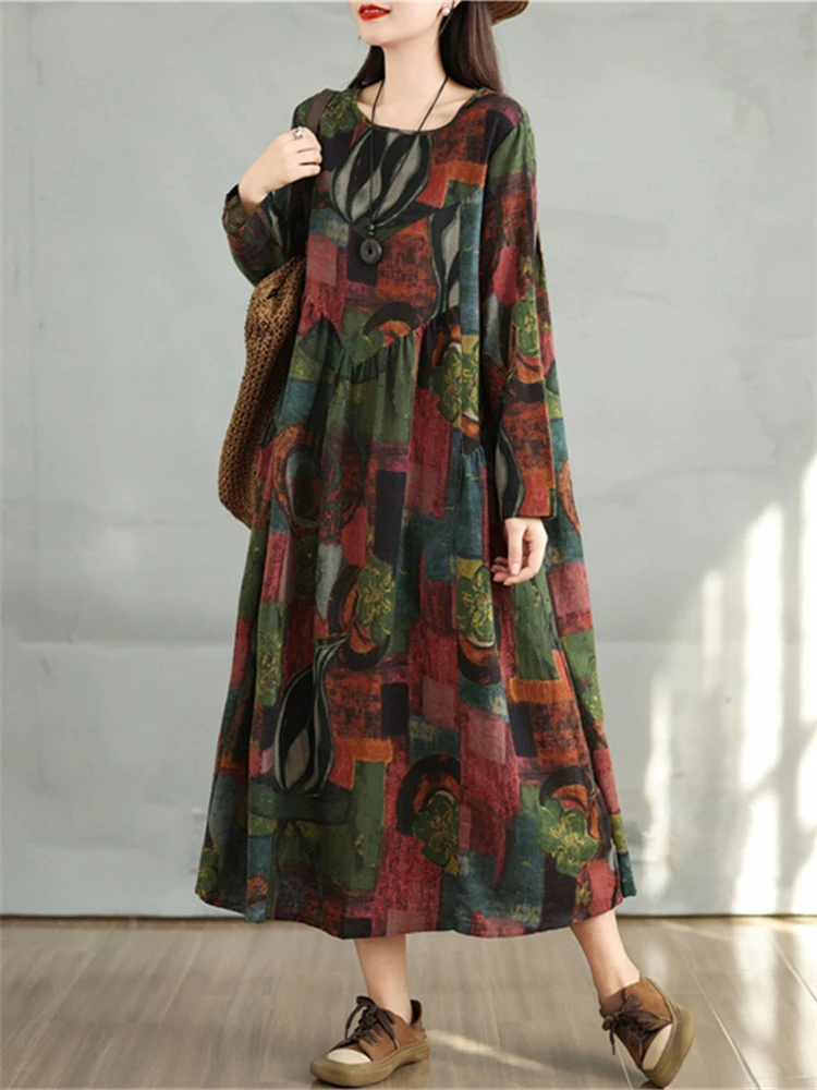 Spring Autumn Cotton Vintage Print Dresses 2024 Women Casual Loose Long Sleeve Dress Femme Robe Vestidos Elegant Fashion Clothes