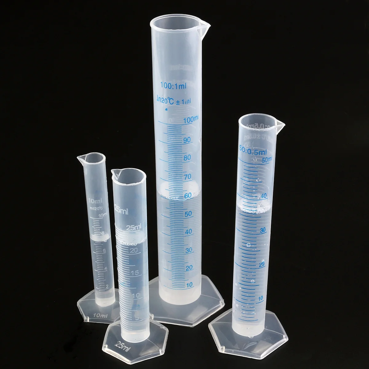 

4Pcs Graduated Plastic Measuring Cylinder Transparent Food Grade Material Accurate Meniscus Free Liquid Measuring 10 25 50 100ml