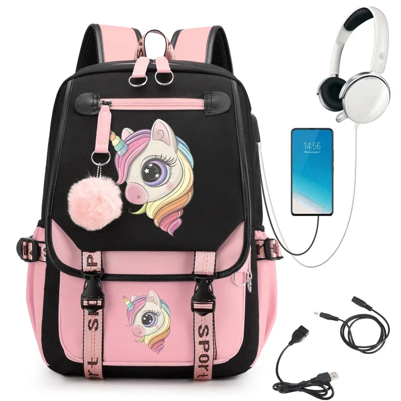 

Cartoon Horse Print Girls High Capacity Waterproof College Bag Back To School Backpack Usb Bagpacks