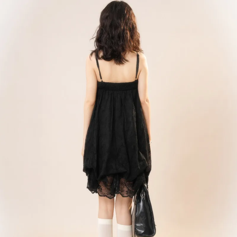Sleeveless Lolita Vintage Mini Dress Lace Black Gothic Party Dress Pleated Japanese Y2k Dress V-neck Camisole Summer Dress Girls