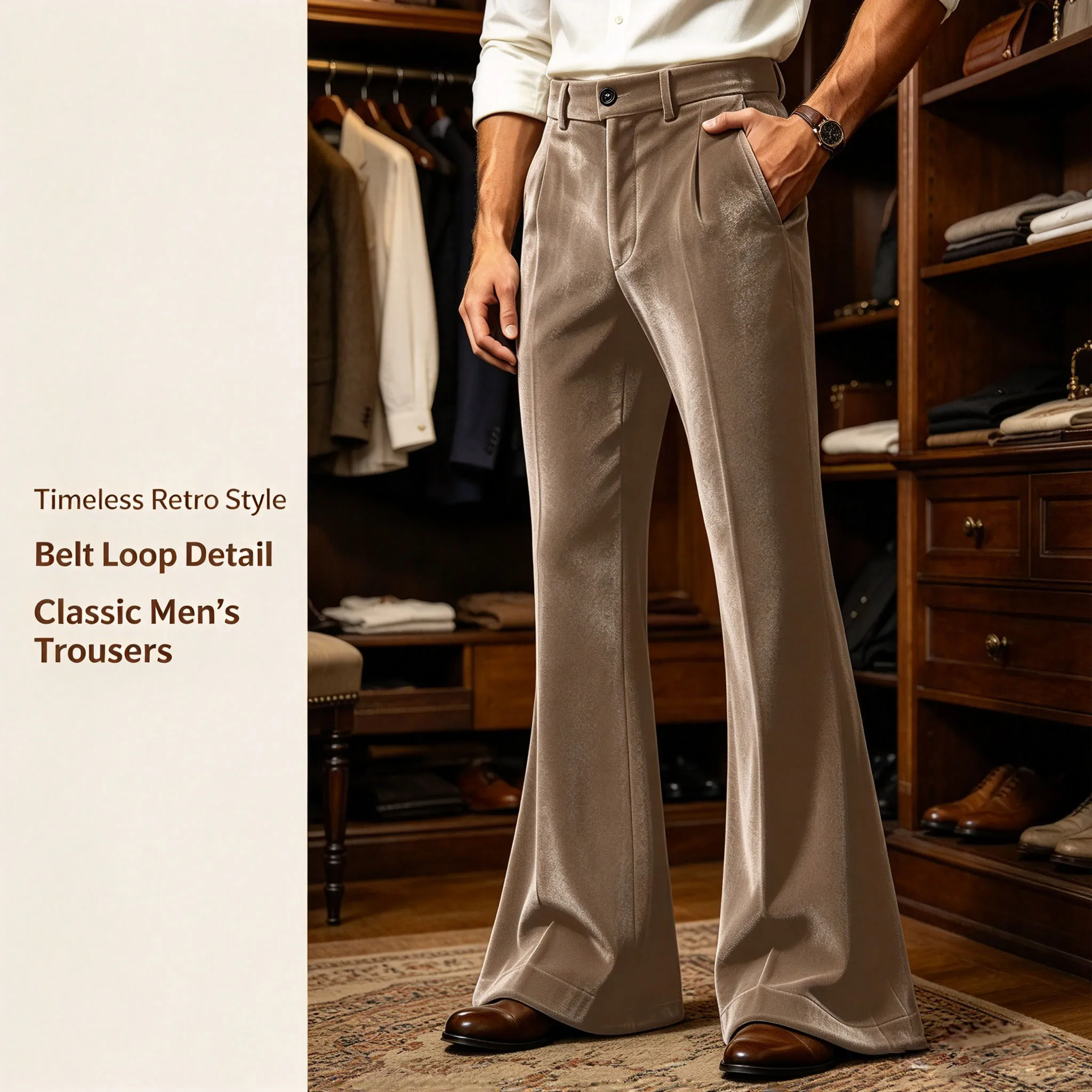 Men's Velvet Flared Trousers Bell Bottom Pants Pleated High Waist Retro Disco 70s Vintage Party Dance Fall Winter