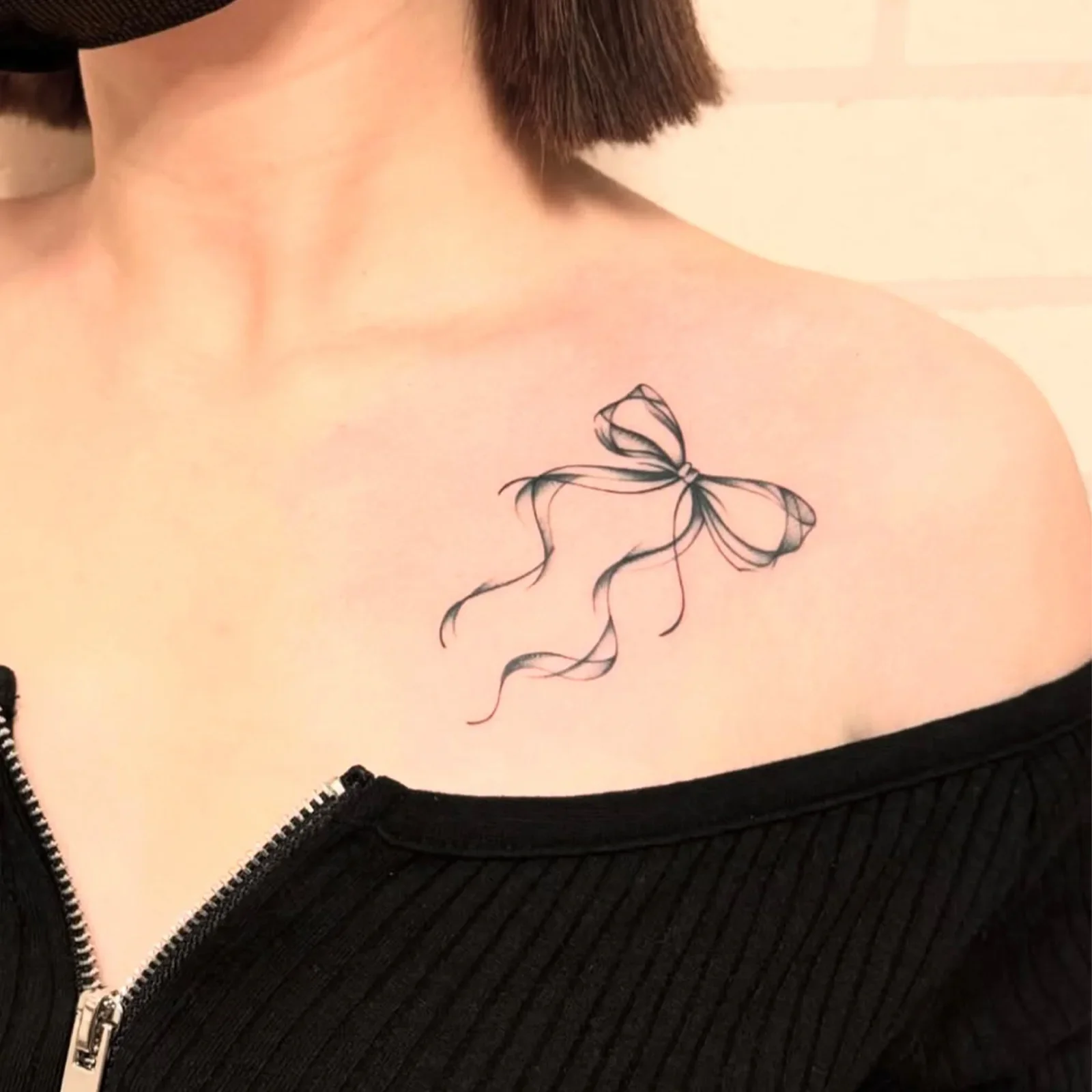 Black Ribbon Bow Collarbone Temporary Tattoo Sticker Waterproof Fake Tattoo Body Art for Women