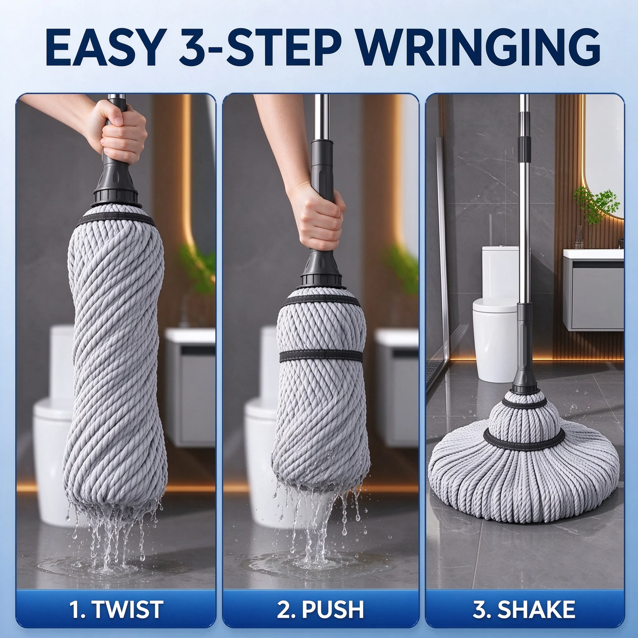 Self-Wringing Twist Mop, Hands-Free Cotton Floor Mop with Stainless Steel Handle, 55cm Large Mop Head