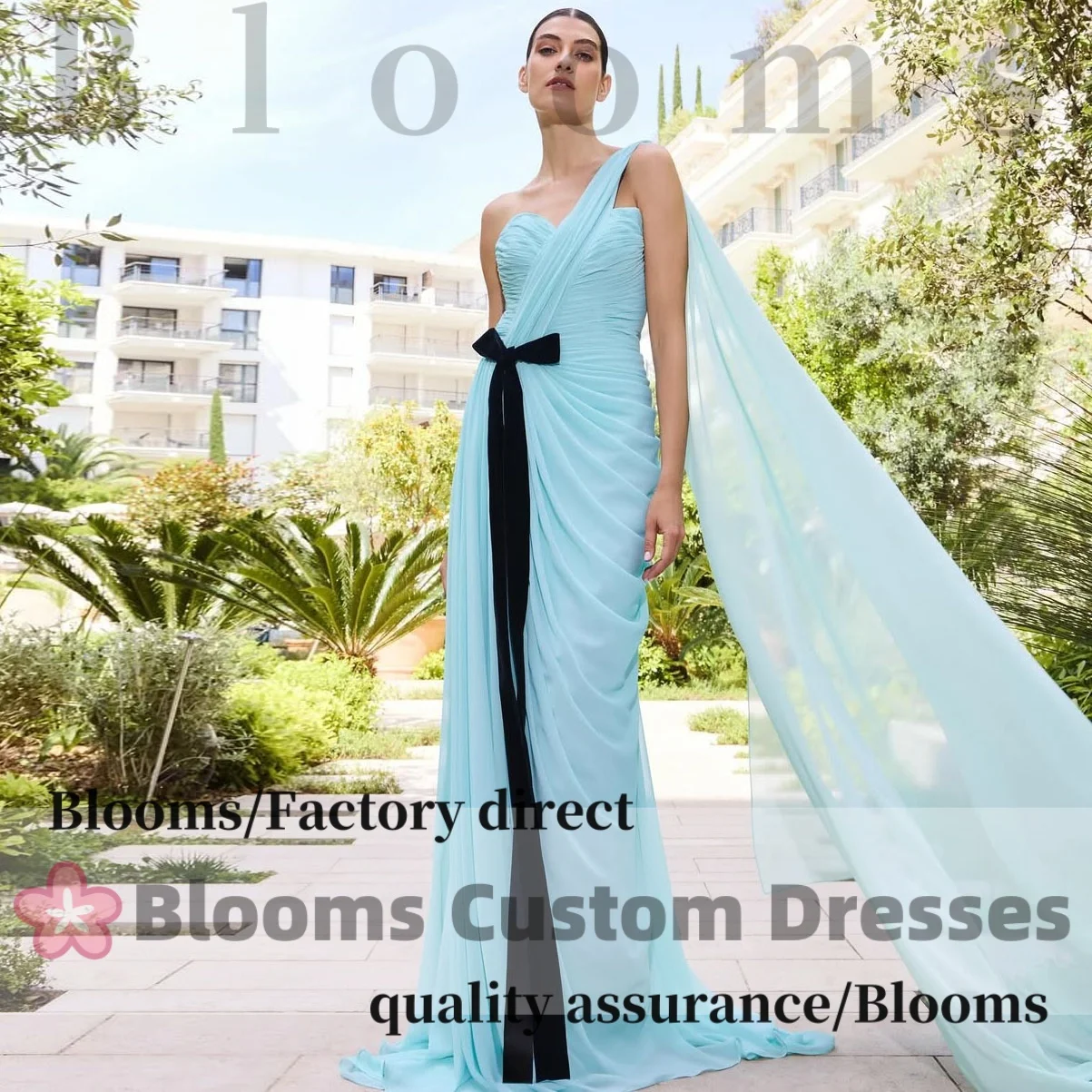 

Customized One-Shoulder Long Cape Evening Dresses 2025 Pleated Chiffon Women Wedding Elegant Party Dress Bow Prom Gown