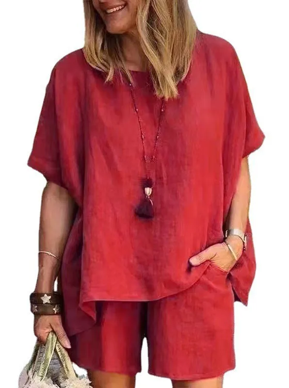 Frauen Sommer Zwei-stück Set Lose Oansatz Kurzen ärmeln Top Elastische Taille Shorts Casual Einfarbig Straße Anzug