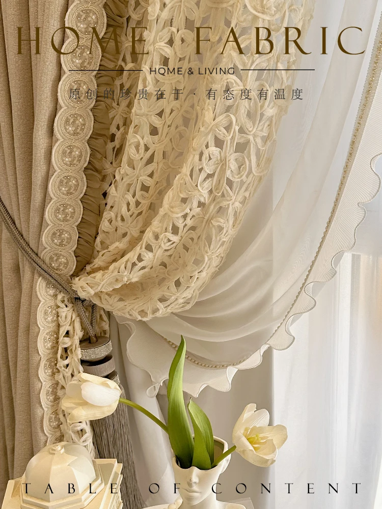 Cream Color Retro Cotton Linen Texture Hollowed Out Lace Bead Lace Curtains for Living Room Bedroom French Window Customized