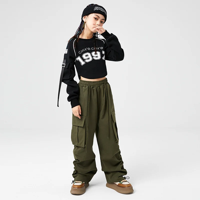 Cargo Pants For Girls Teenager Jazz Dance Costume Clothes Kids Hip Hop Clothing Black Long Sleeve T Shirt Tops Army Green Jogger