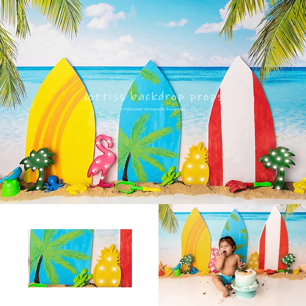 

Summer Beach Surfing Backdrops Kids Baby Photography Props Child Audlt Photocall Birthday Cake Smash Palm Trees Backgrounds