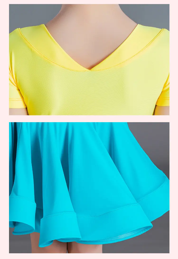 

Latin dance dress, girls' competition dress, summer short sleeved V-neck professional standard dress,big skirt performance dress