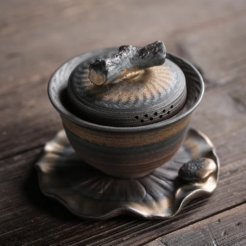 

Wood-Fired Iron Glaze San Cai Gaiwan Set, Jump Knife Carved Ceramic Tea Cup Traditional Kung Fu Tea Ware, Heat-Resistant Durable
